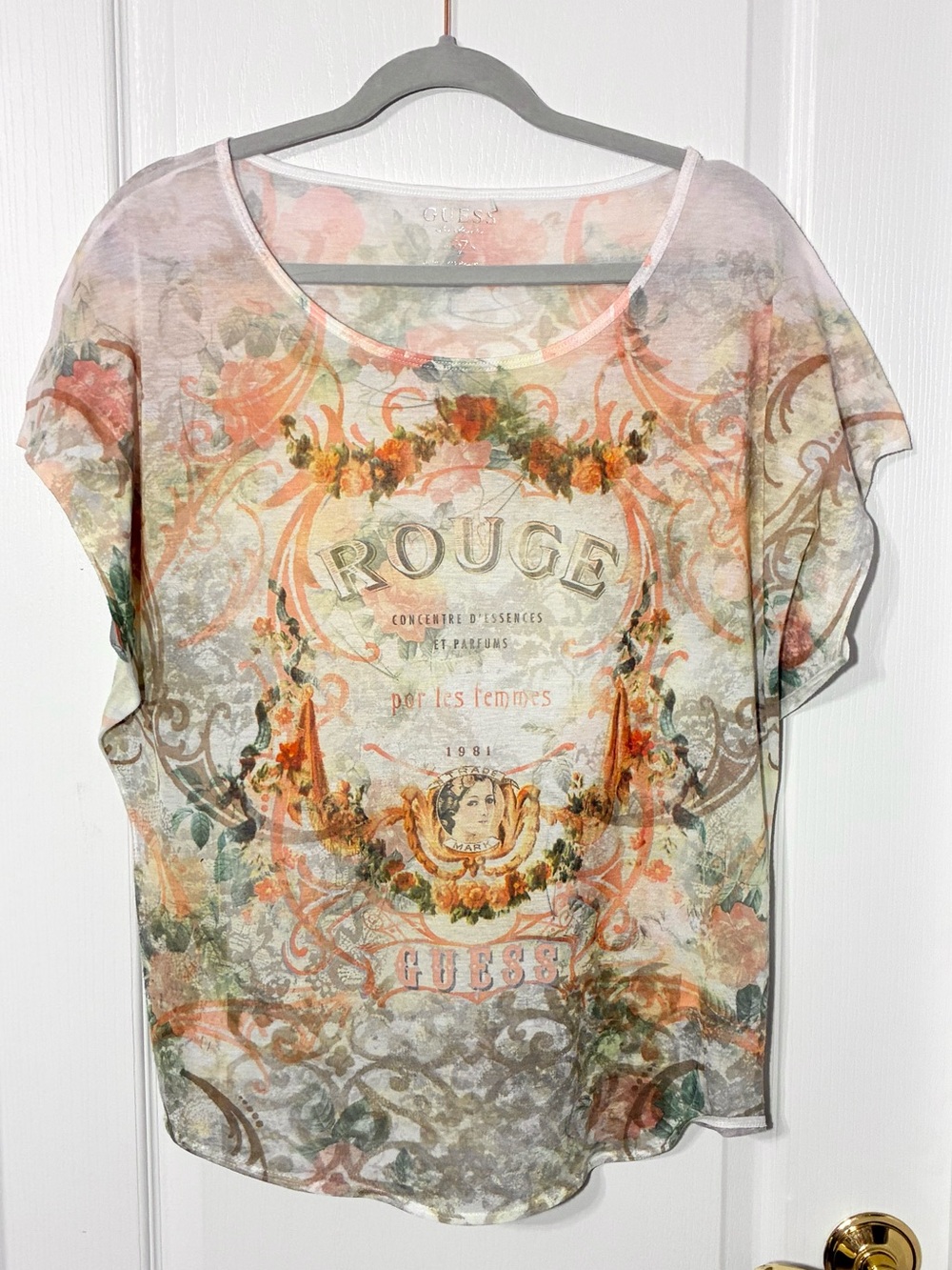 Y2K Guess USA MADE ‘Rouge’ Floral Print Semi Sheer Dolman Sleeve Knit Top Large
